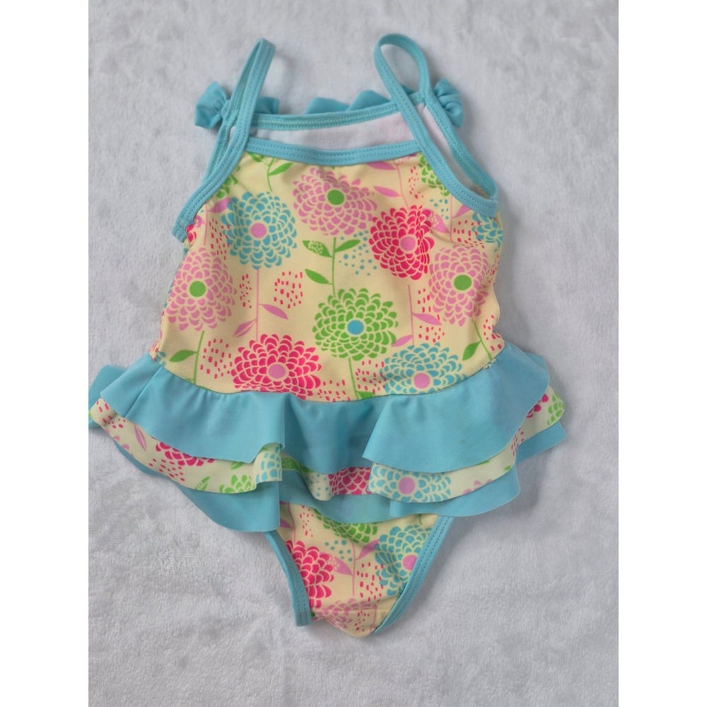 Absorba Swimsuit Baby Girl 12M Blue Floral‎ Excellent Ruffle Bow One-Piece